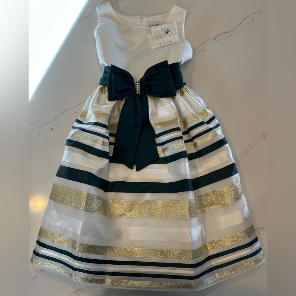 Kids Christmas Dress with Green and Gold Stripes